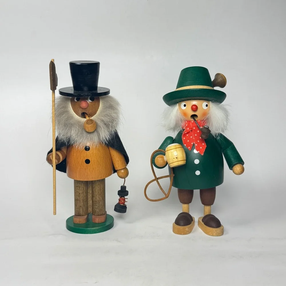 Vintage German Erzgebirge Wooden Incense Smoker Pair Night Watchman & Hunter